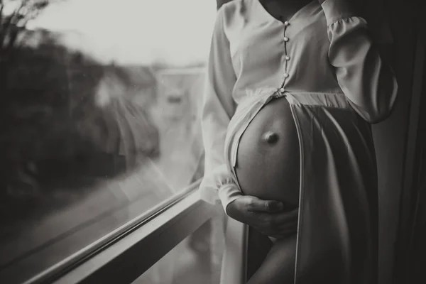 Primer Plano Retrato Del Estudio Una Hermosa Mujer Embarazada Junto — Foto de Stock