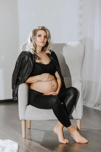 Stylish Studio Portrait Beautiful Pregnant Young Woman Chair Black Suit — Stock Photo, Image