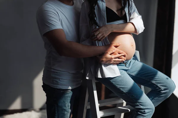 Modern Beautiful Pregnant Woman Jeans Shirt Man Hugging Her Tummy — Stock Photo, Image