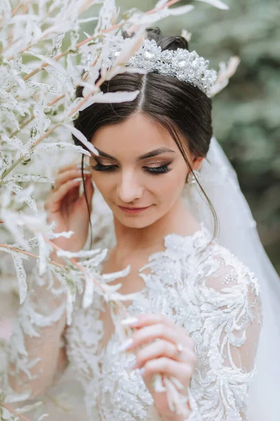 Egy Kaukázusi Megjelenésű Menyasszony Gyönyörű Fehér Ruhában Ujjakkal Koronával Fején — Stock Fotó