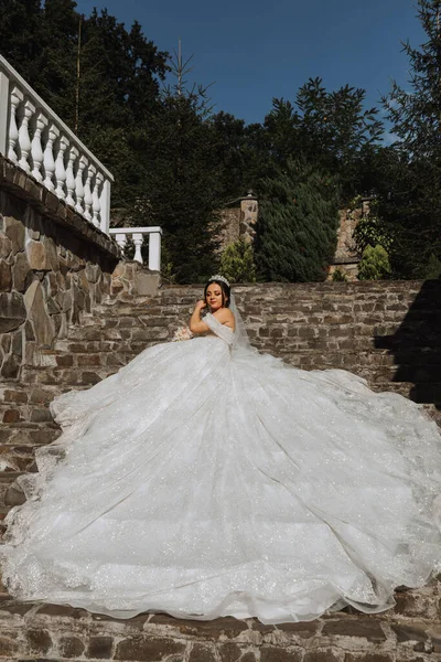 Jovem Noiva Bonita Vestido Noiva Com Ombros Abertos Uma Coroa — Fotografia de Stock