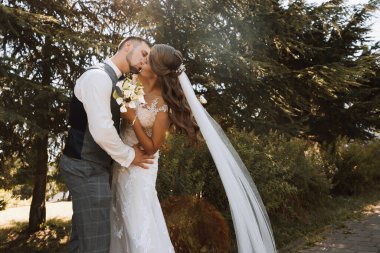 Genç bir düğün çifti, parkta bir yaz ormanının arka planında romantik anlar yaşamaktan zevk alır. Beyaz gelinlikli gelin, beyaz gömlekli damat, yelek ve papyonlu gelin sarıl ve öp gelini.