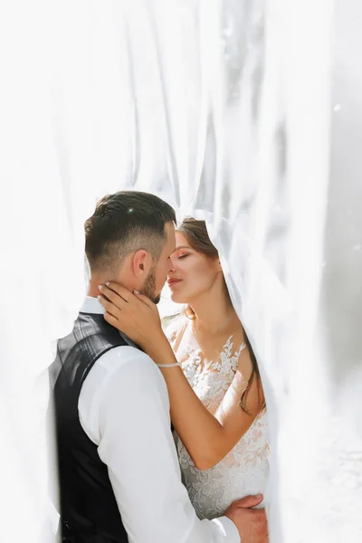 A stylish couple of European newlyweds. Smiling bride in a white dress. The groom, dressed in a classic suit, white shirt, kisses the bride under the veil. Wedding in nature