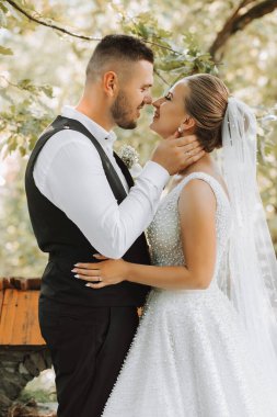 Gelin ve damat güzel bir bahçede ayakta ve kucaklaşıyorlar. Gün batımının geniş açılı fotoğrafı.