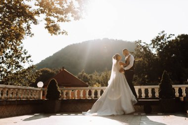 Gelin ve damat güzel bir bahçede ayakta ve kucaklaşıyorlar. Gün batımının geniş açılı fotoğrafı.