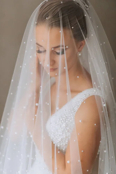 Gyönyörű Ősz Hajú Menyasszony Egy Fátyol Alatt Közelkép Gyönyörű Menyasszony — Stock Fotó