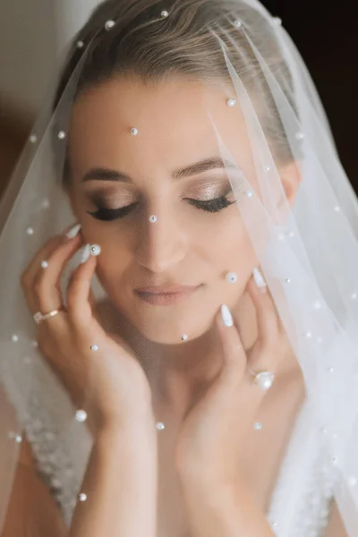 Beautiful White Haired Bride Veil Close Beautiful Bride Modern Makeup — Stock Photo, Image