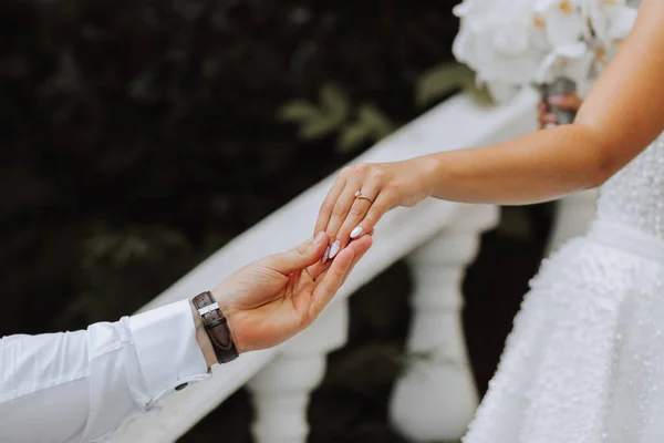 Die Hände Des Brautpaares Nahaufnahme Der Bräutigam Hält Die Hand — Stockfoto