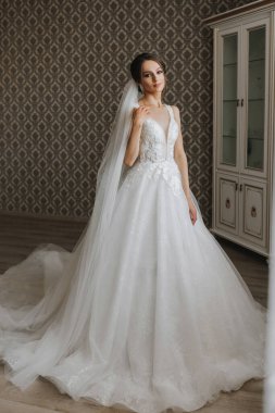 Esmer kız düğün için hazırlanıyor. Gelinlik giymiş bir gelinin portre fotoğrafı zarif bir saç stili ve lüks bir makyajı var.