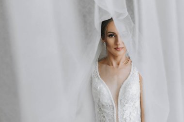 Esmer bir kız düğün için hazırlanıyor. Gelinin zarif saç stili ve lüks makyajlı portresi, duvağın altındaki gelinin fotoğrafı.