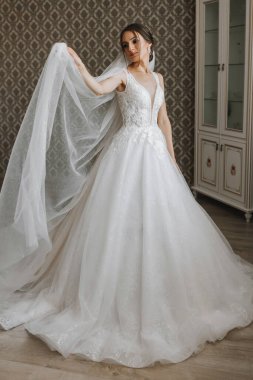 Esmer kız düğün için hazırlanıyor. Gelinlik giymiş bir gelinin portre fotoğrafı zarif bir saç stili ve lüks bir makyajı var.