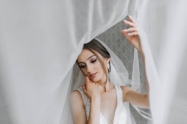 Esmer bir kız düğün için hazırlanıyor. Gelinin zarif saç stili ve lüks makyajlı portresi, duvağın altındaki gelinin fotoğrafı.