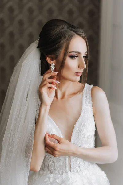 The brunette girl is preparing for the wedding. Portrait photo of a bride in a wedding dress with an elegant hairstyle and luxurious makeup