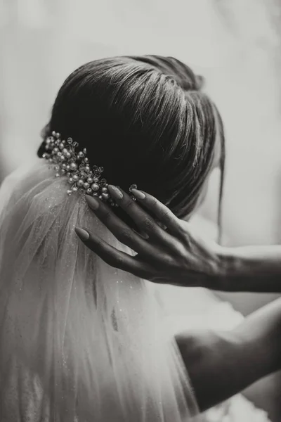 classic bridal hairstyle from behind, close-up, veil secured with handmade tiara. Black and white photo