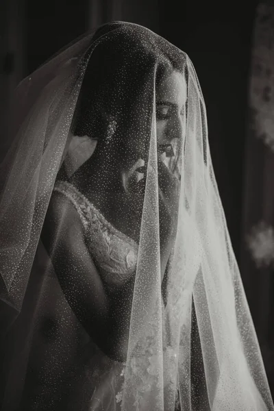 ブルネットの女の子が結婚式の準備をしている エレガントなヘアスタイルと豪華なメイク ベールの下の花嫁の写真で花嫁の肖像写真 — ストック写真
