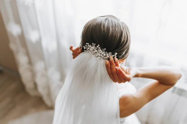 classic bridal hairstyle from behind, close-up, veil secured with handmade tiara.