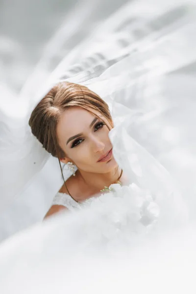 Eine Braut Einem Brautkleid Mit Langer Schleppe Und Schleier Hält — Stockfoto