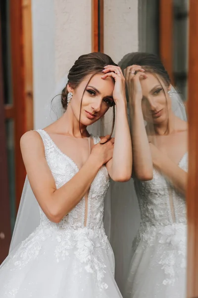 Steht Die Braut Einem Brautkleid Mit Langer Schleppe Und Schleier — Stockfoto