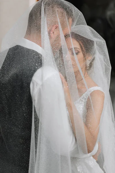 Свадебная Пара Природе Невеста Жених Обнимаются Завесой Свадьбе — стоковое фото
