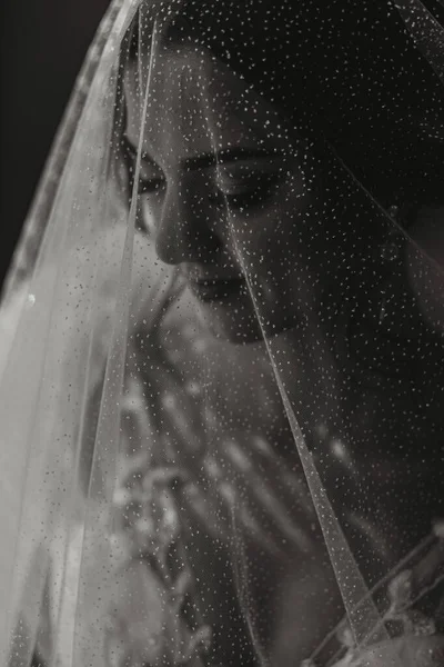 新娘穿着一件典雅的衣服 头戴面纱 摆出姿势 手里拿着一个红地毯 婚礼黑白照片 新娘的早晨 — 图库照片