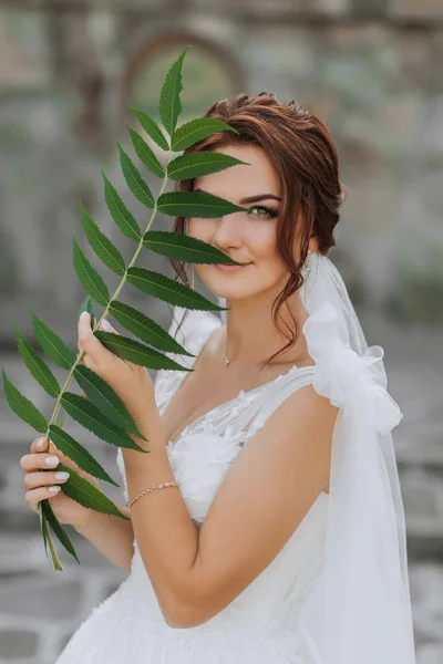 Wedding Portrait Bride White Dress Posing Holding Leaf Her Face — Stock Photo, Image