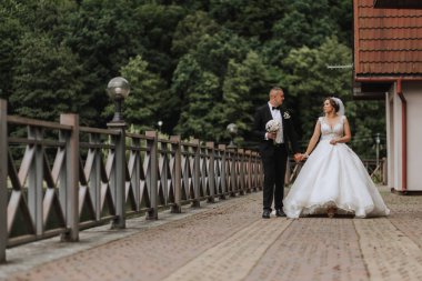 Uzun elbiseli esmer bir gelin ve klasik takım elbiseli bir damat gölün yakınındaki bir köprüde bir kalenin arka planında yürüyorlar. Doğada bir yürüyüş. Düğün günü.