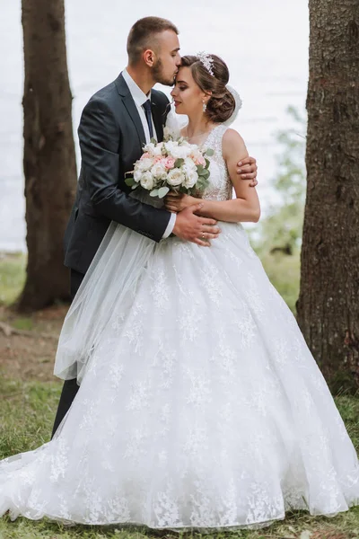 Małżeństwo Weselne Cieszy Się Najlepszym Dniem Swojego Życia Tle Jeziora — Zdjęcie stockowe