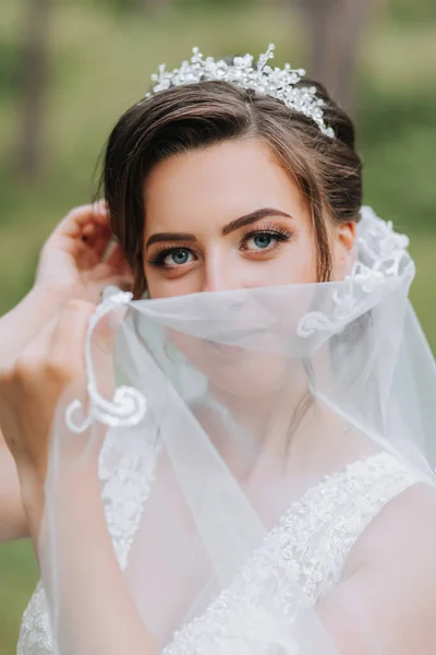 Porträt Der Braut Mit Einem Schleier Ihren Händen Eine Schöne — Stockfoto