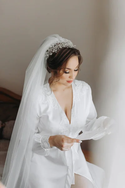 Een Mooie Bruid Een Badjas Een Weelderige Sluier Met Prachtig — Stockfoto