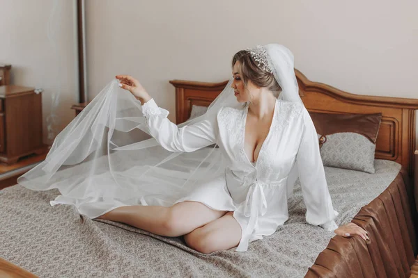 Beautiful Young Bride White Petticoat Tiara Sitting Posing Bed Her — Stock Photo, Image