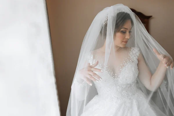 Porträt Der Braut Die Braut Einem Kleid Das Mit Einem — Stockfoto