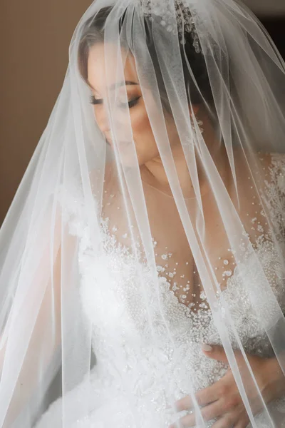 Portrait of the bride. The bride in a dress, covered with a veil, poses. Beautiful hair and makeup. Open bust on the dress. Diadem with crystals