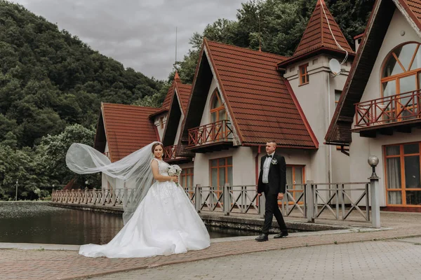 一个穿着长裙的黑发新娘和一个穿着经典西服的新郎站在湖边一座桥上 旁边是一座城堡 一个面纱被抛向空中 — 图库照片