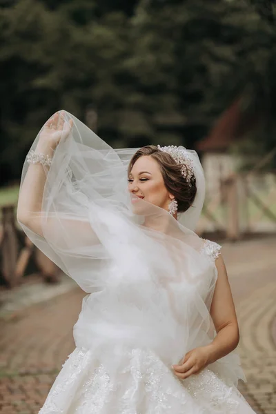 Wedding portrait. The bride in a white dress on the bridge with a fluttering veil. Sincere smile. Wind and veil. Diadem.