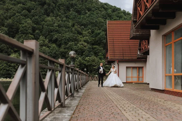 Eine Brünette Braut Langen Kleid Und Ein Bräutigam Klassischen Anzug — Stockfoto