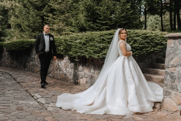 Bröllopsporträtt Bruden Elegant Klänning Står Framför Brudgummen Klassisk Kostym Mot — Stockfoto