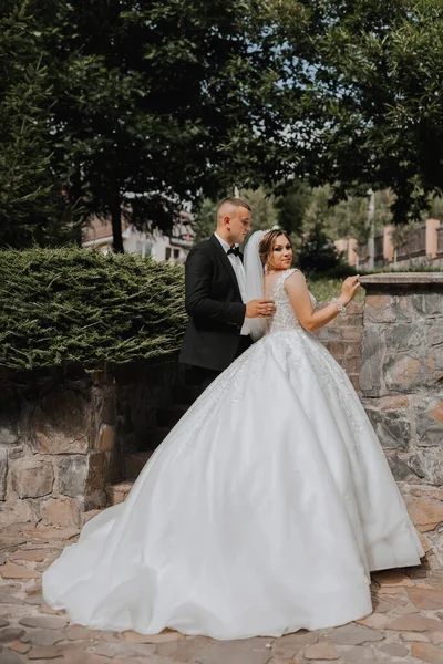 婚礼肖像 身穿雅致婚纱的新娘站在新郎面前 穿着经典西服 背对着绿树 温柔的触摸 夏天的婚礼在大自然中漫步 — 图库照片