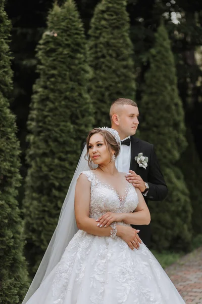 結婚式の肖像画 花嫁が花嫁にキスする エレガントなドレスの花嫁は 緑の木の背景に対する古典的なスーツの花嫁です 優しいタッチ サマーウェディング 自然の中を散歩する — ストック写真