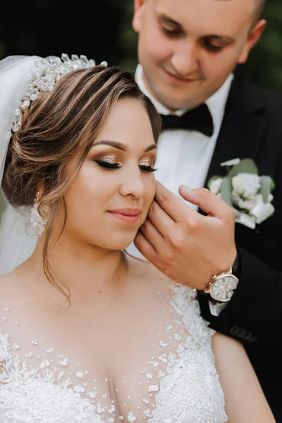 Bröllopsporträtt Brudgummen Kysser Bruden Bruden Elegant Klänning Brudgummen Klassisk Kostym — Stockfoto