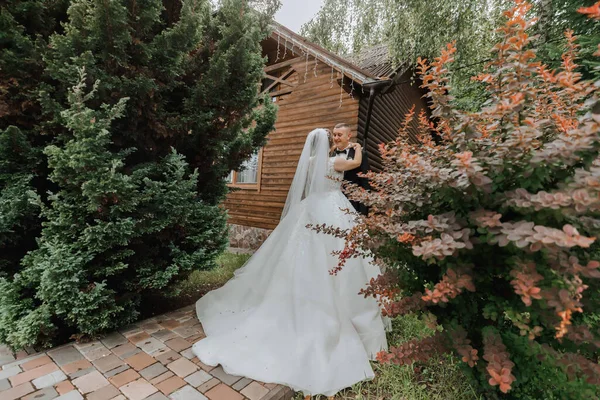 Модный Ухажер Симпатичная Невеста Белом Платье Короной Обнимающаяся Парке Саду — стоковое фото