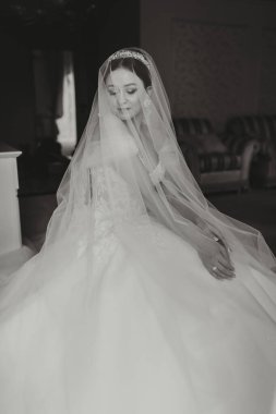 Düğün hazırlığı için. Beyaz lüks gelinlik içinde güzel genç bir gelin, başında taç, kraliyet otel odasında uzun duvak. Lüks gülümseme modeli