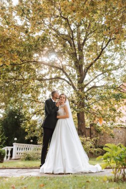 Genç düğün çifti, sonbahar parkında güneşin altında romantik anların tadını çıkarıyor.
