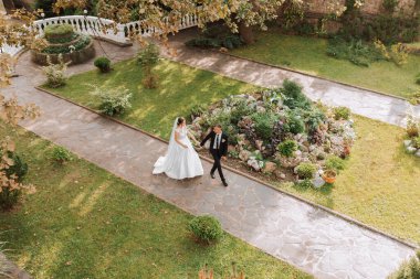 Gelin ve damat bir sonbahar parkında uzun meşe ağaçları ve zıt güneş ışığı altında yürürler. Fotoğraf yukarıdan çekildi