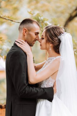 Modaya uygun damat ve beyaz elbiseli yakışıklı esmer gelin profesyonel makyaj ve çiçek buketi ile sarılıyor, parkta, bahçede, ormanda gülüyor. Düğün fotoğrafçılığı