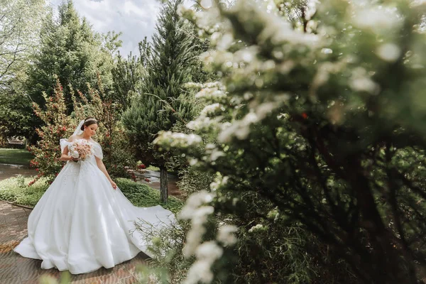 庭を歩くモダンなヘアスタイルとベールの長い列車で白いウェディングドレスで美しい花嫁のリアビューの肖像画 ウェディングコンセプト — ストック写真