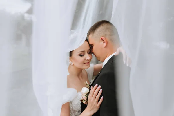 Par Kärlek Eller Brudklänning Slöja Efter Äktenskapet Händelse Ceremoni Eller — Stockfoto