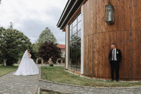 Жених Невеста Идут Смотрят Друг Друга Широкоугольное Фото Облачном Небе — стоковое фото