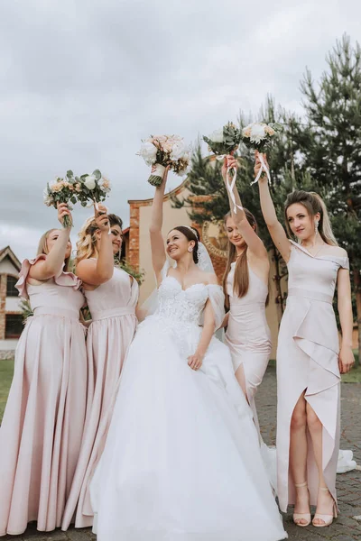 Groepsportret Van Bruid Bruidsmeisjes Die Plezier Hebben Bruiloft Een Bruid — Stockfoto