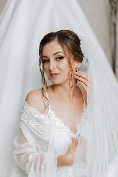 Morgen Der Braut Vor Der Hochzeit Eine Schöne Junge Frau — Stockfoto