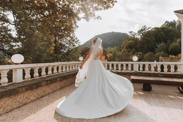 Noiva Vestido Branco Volumoso Longo Véu Sorrindo Gira Parque Sob — Fotografia de Stock